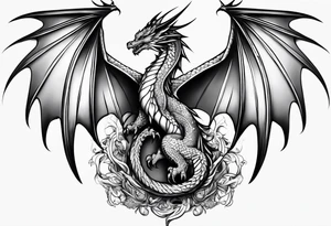 Mother dragon wings spread protecting her 3 young dragons tattoo idea