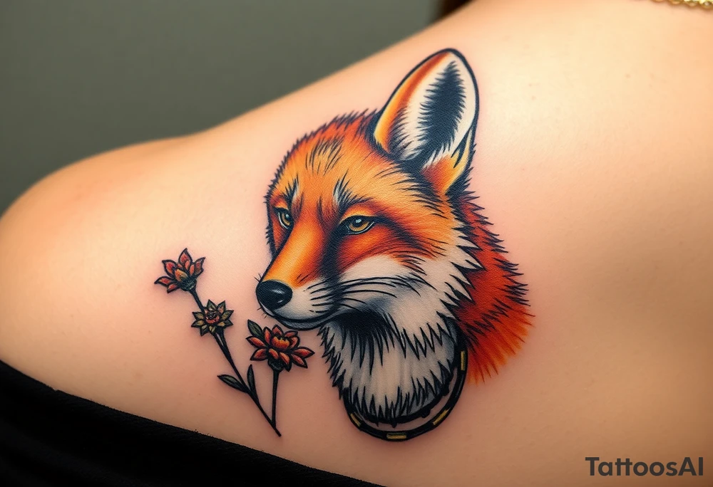 adult fox with jewelry smelling wild flowers tattoo idea