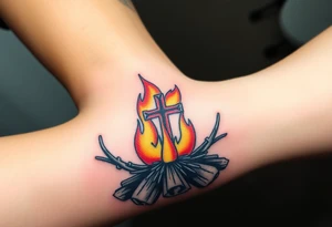 Campfire with cross hidden in the flames with nod to camping tattoo idea