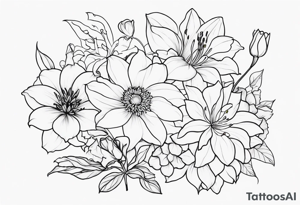 Lillies, roses, morning glories, chrysanthemums tattoo idea