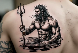 young, fit poseidon in calm water, holding a trident, drinking a beer, with foot on his bicep tattoo idea