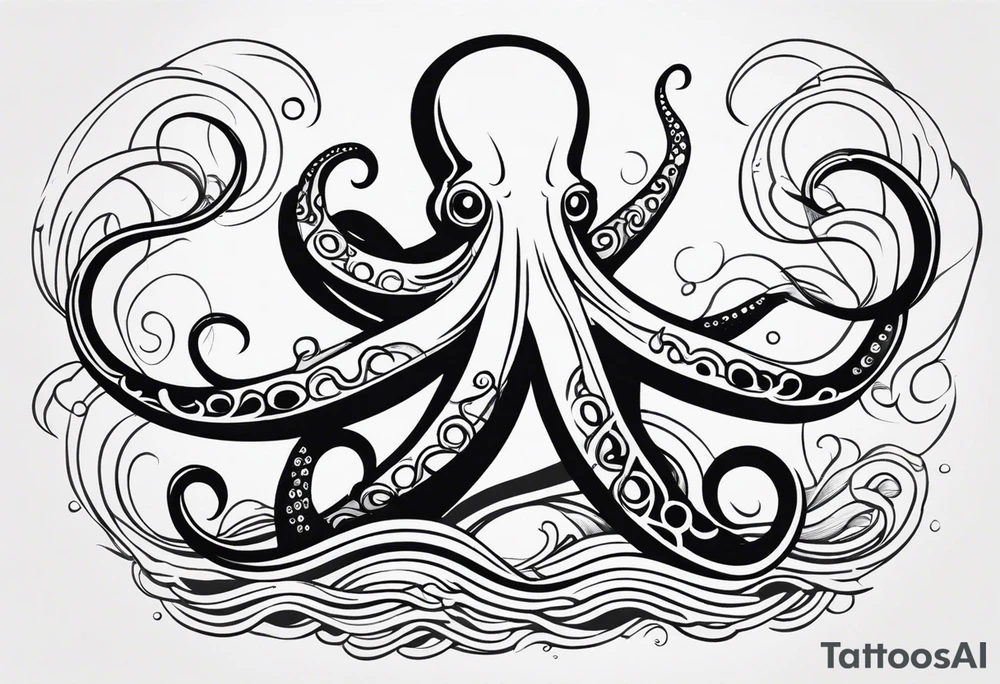 Tribal half sleeve. octopus surrounded by ribbons of water waves filled with fish. the octopus has no eyes. Use thick lines only with less detail. tattoo idea