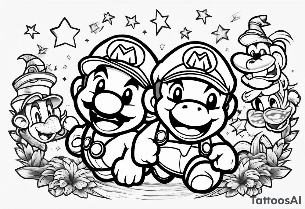 Baby mario and donkey kong jumping for a mario star. Baby Mario's hat says Kade. Donkey Kong's tie says Kyle tattoo idea
