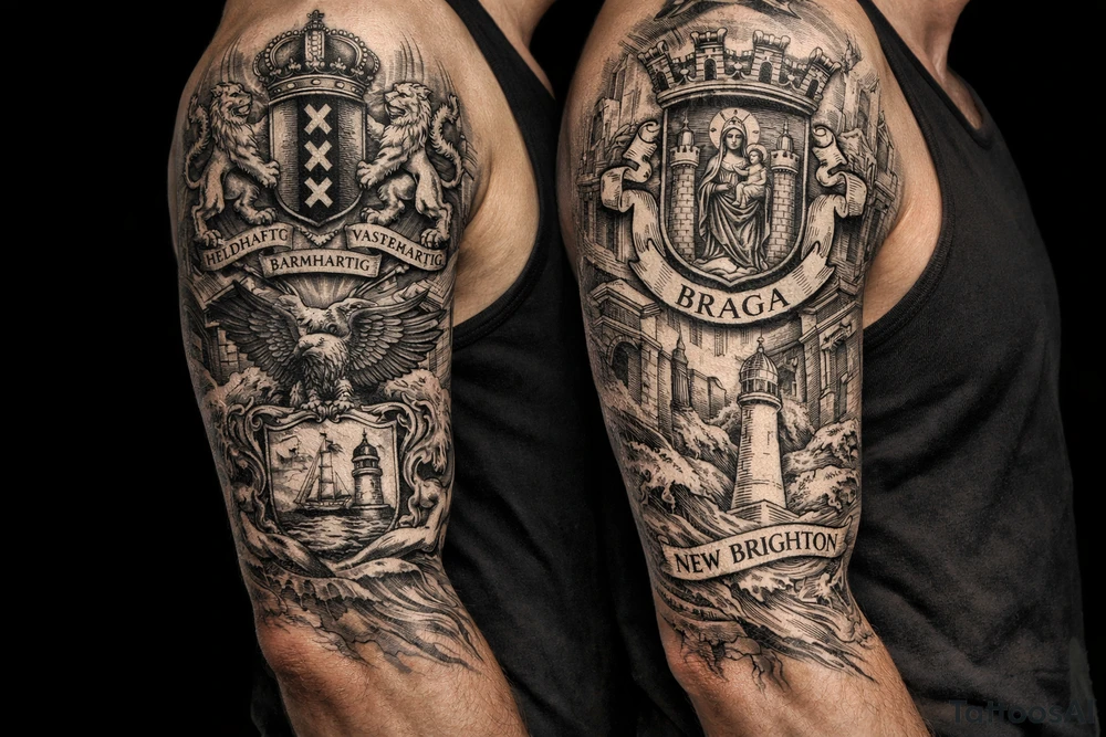 Crests of Amsterdam and Braga and New Brighton tattoo idea