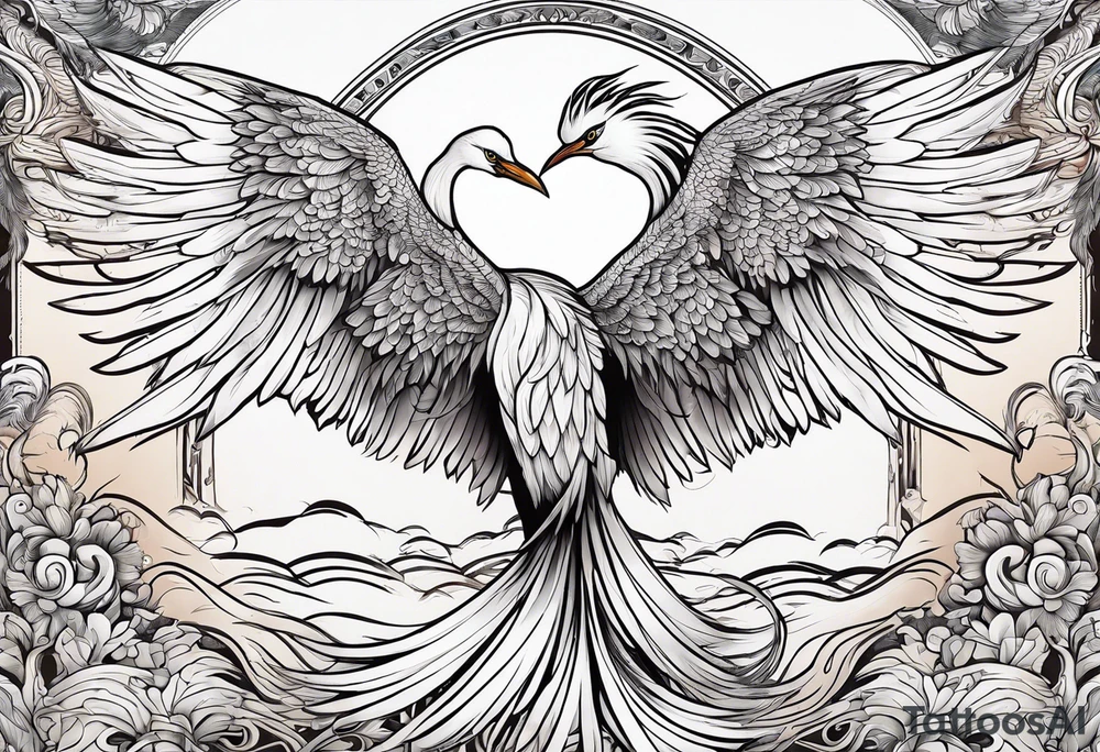 phoenix 
egret
long tail 
elegant 
wings down
long neck tattoo idea