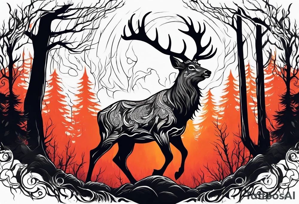 A scary terrifying horrifying zombie deer lore accurate wendigo side profile surrounded by a forest fire in background tattoo idea