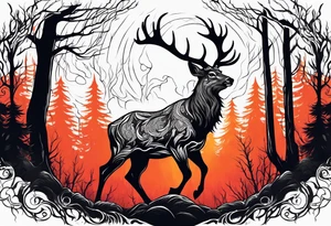 A scary terrifying horrifying zombie deer lore accurate wendigo side profile surrounded by a forest fire in background tattoo idea