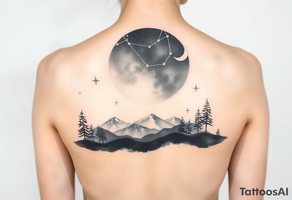 Night sky with constellation, stars & moon seen from a frame of natural landscape tattoo idea