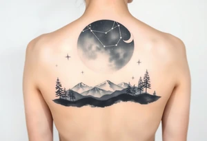 Night sky with constellation, stars  & moon seen from a frame of natural landscape tattoo idea