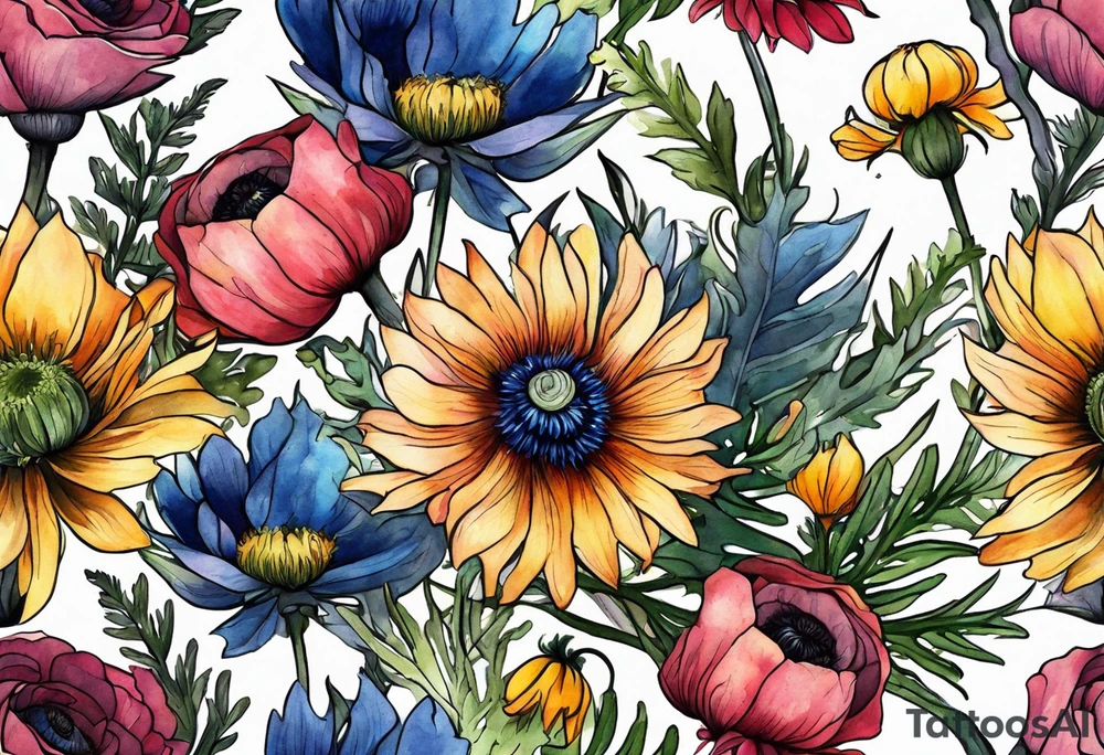 wildflowers with thistles, ferns, ranuculus, white anemones with black center, sun flowers, mixed color flowers all in watercolor tattoo idea