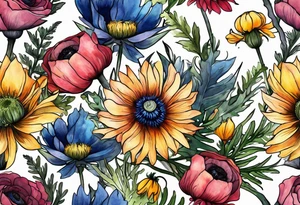 wildflowers with thistles, ferns, ranuculus, white anemones with black center, sun flowers, mixed color flowers all in watercolor tattoo idea