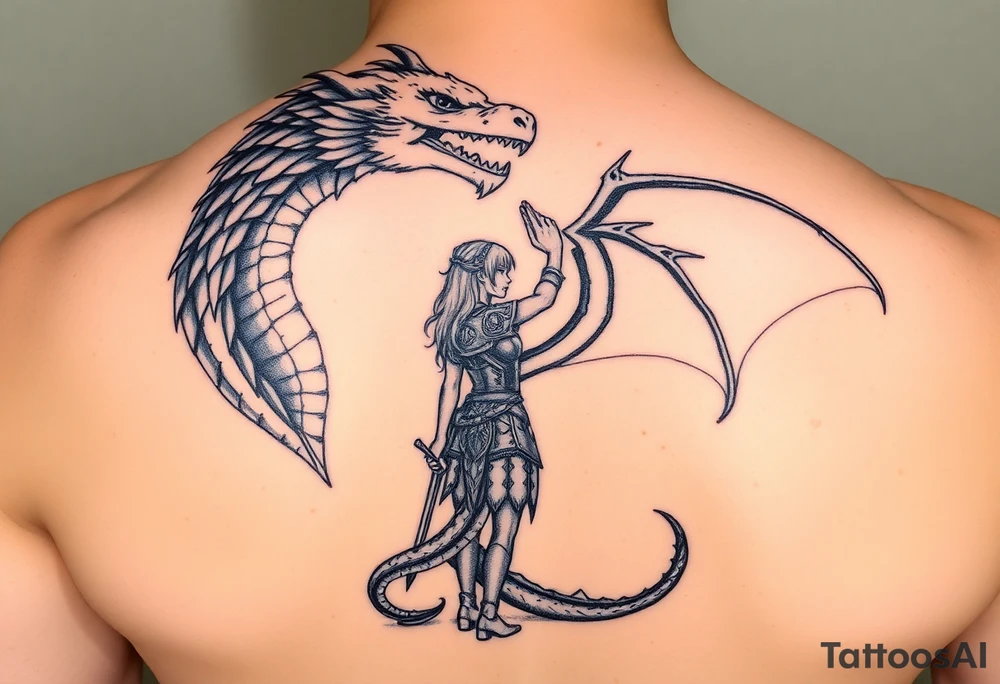 Dragon rider girl in armor standing before her dragon, touching its head tattoo idea