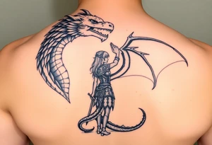 Dragon rider girl in armor standing before her dragon, touching its head tattoo idea