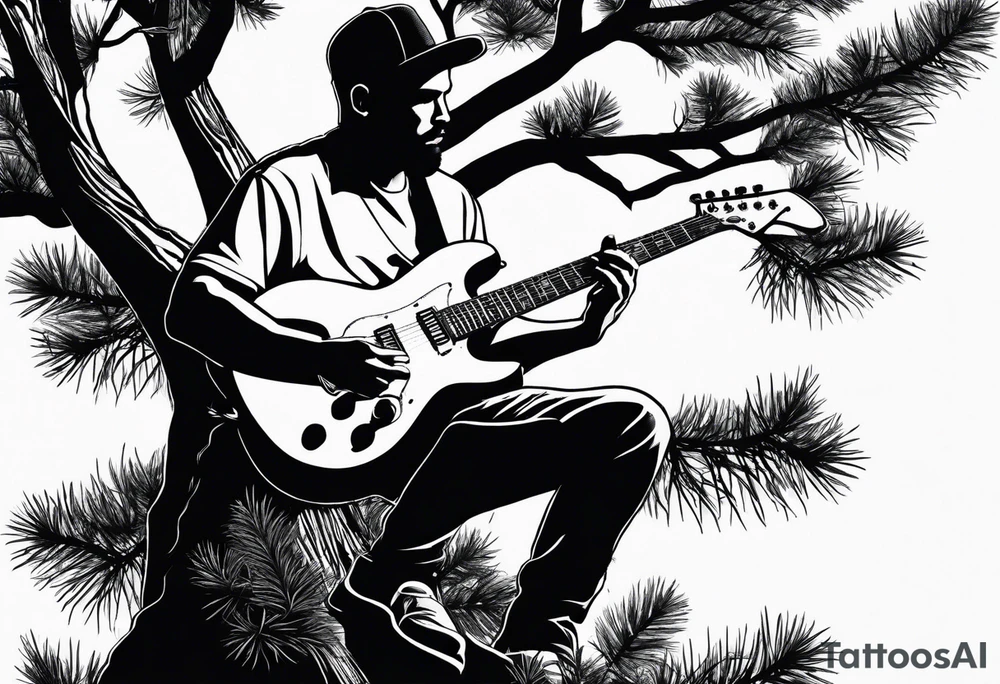 silhouette of a man playing electric guitar while sitting in a pine tree. tattoo idea