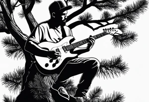 silhouette of a man playing electric guitar while sitting in a pine tree. tattoo idea