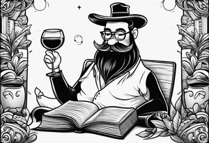 An avocado cartoon  drinking wine and reading a book tattoo idea