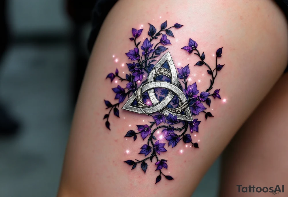 A silver triquetra wrapped in violet ivy vines and surrounded by dots of white light. tattoo idea