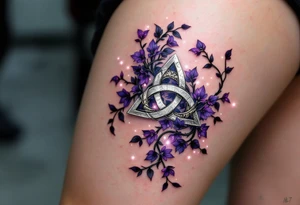 A silver triquetra wrapped in violet ivy vines and surrounded by dots of white light. tattoo idea