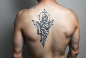 Female leg sleeve theme catholic tattoo idea