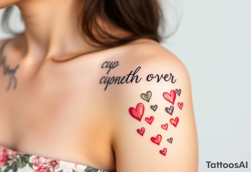 A representation of "my cup runneth over" with love on the shoulder cap with hearts cascading down the bicep tattoo idea