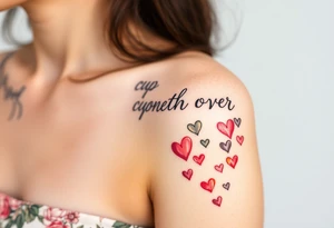 A representation of "my cup runneth over" with love on the shoulder cap with hearts cascading down the bicep tattoo idea