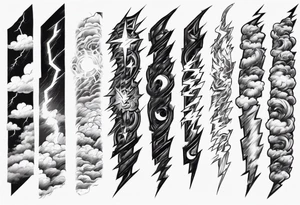 forearm sleeve lightning and clouds pattern tattoo idea