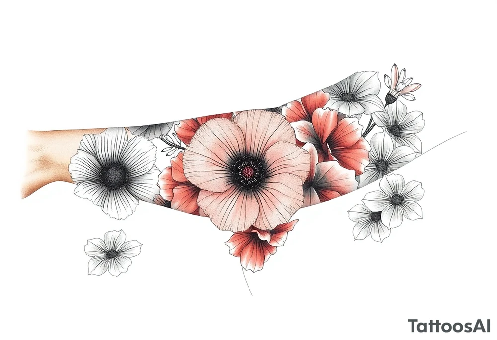 Fore arm tattoo in the neo american traditional style. I want to incorporate a few different flowers: poppy's, morning glorys, narcisus in full color tattoo idea