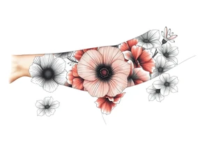 Fore arm tattoo in the neo american traditional style. I want to incorporate a few different flowers: poppy's, morning glorys, narcisus in full color tattoo idea