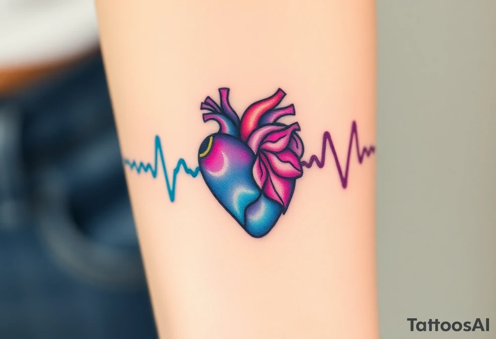 A heartbeat that transitions into sound waves, colored in vibrant neon colors like turquoise, purple, and fuchsia, representing a modern twist on emotion. tattoo idea