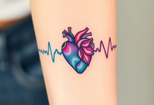 A heartbeat that transitions into sound waves, colored in vibrant neon colors like turquoise, purple, and fuchsia, representing a modern twist on emotion. tattoo idea