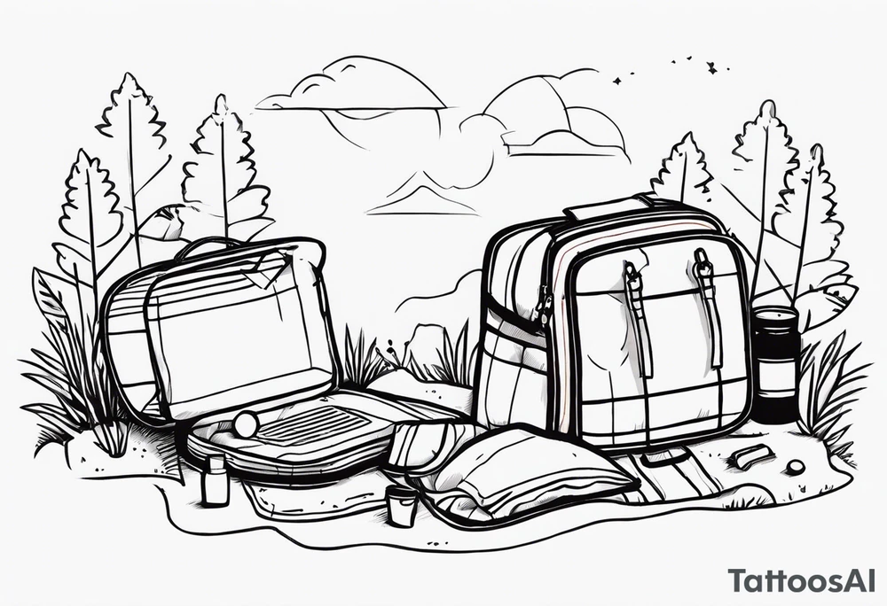 minimalstic picnic scene in nature. A blanket on the ground with one picnic-basket with lid, one backpack, one old speaker and 2-3 pillows to sit on and tennants. tattoo idea