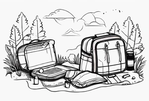 minimalstic picnic scene in nature. A blanket on the ground with one picnic-basket with lid, one backpack, one old speaker and 2-3 pillows to sit on and tennants. tattoo idea