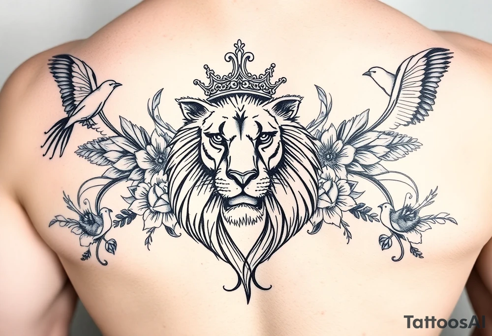 powerful majestic lion with a crown, surrounded by floral ornaments and birds tattoo idea