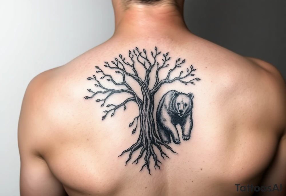 Tree of life with root detail and a mother bear with her cub tattoo idea