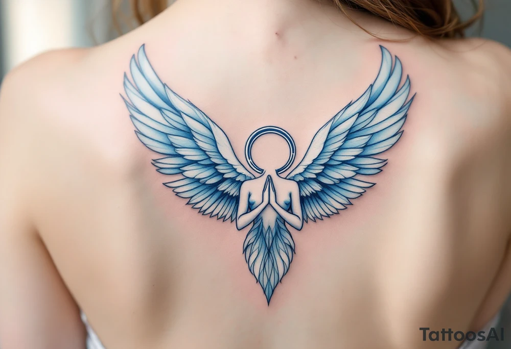 A graceful guardian angel with large feathered wings, holding a Virgo symbol close to her heart. The color palette includes light blue, silver, and soft white, symbolizing Virgo’s protective and pure energy. tattoo idea