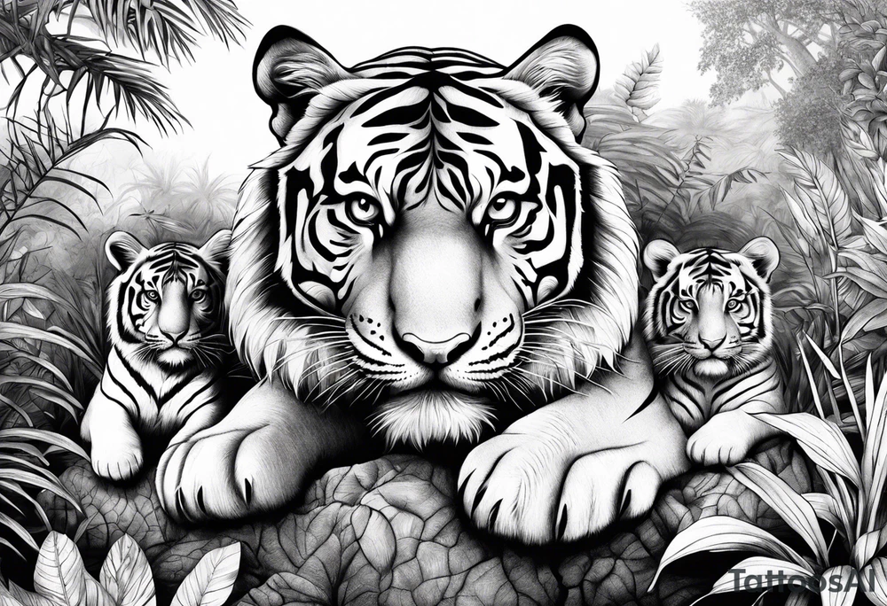 Calm strong tiger in the jungle, with his cubs tattoo idea