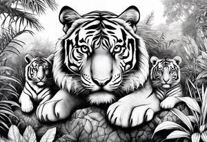 Calm strong tiger in the jungle, with his cubs tattoo idea