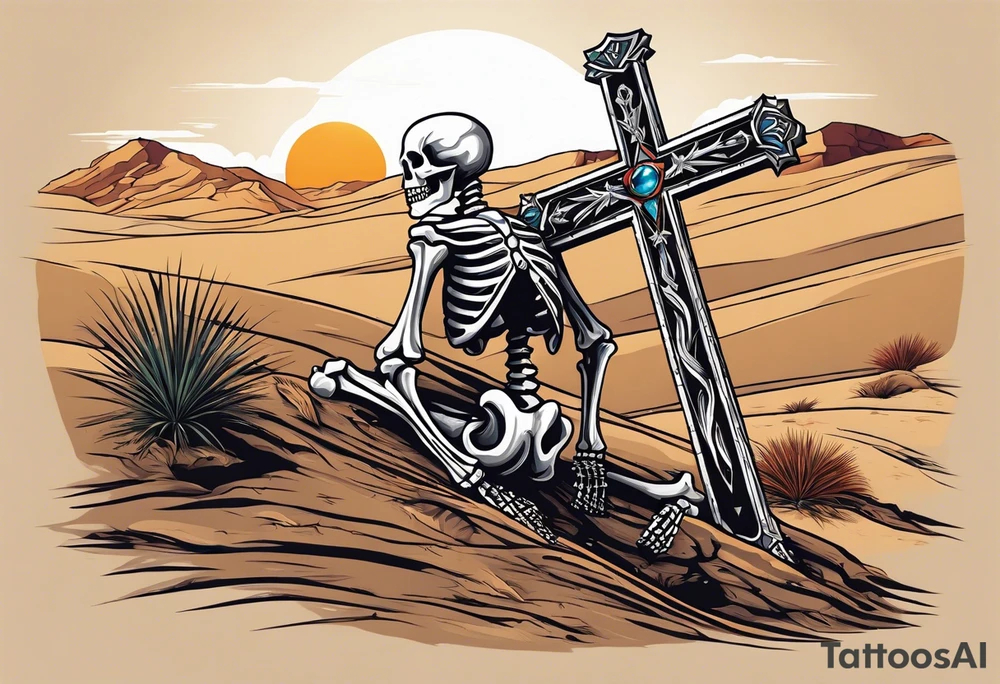 skeleton crawling towards a cross in a desert tattoo idea