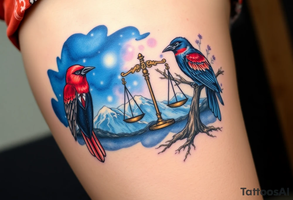 one of the birds red wearing a suit, other bird navy blue with glasses or holding a book, scales of justice built into a tree, starry night painting and mountain background tattoo idea