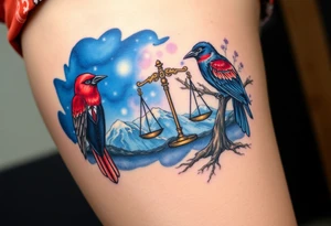 one of the birds red wearing a suit, other bird navy blue with glasses or holding a book, scales of justice built into a tree, starry night painting and mountain background tattoo idea