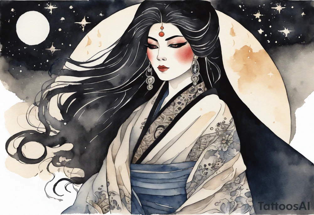 a watercolor of a beautiful 45-year-old Persian woman wearing black and cloak with the night sky in the background tattoo idea