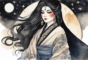 a watercolor of a beautiful 45-year-old Persian woman wearing black and cloak with the night sky in the background tattoo idea