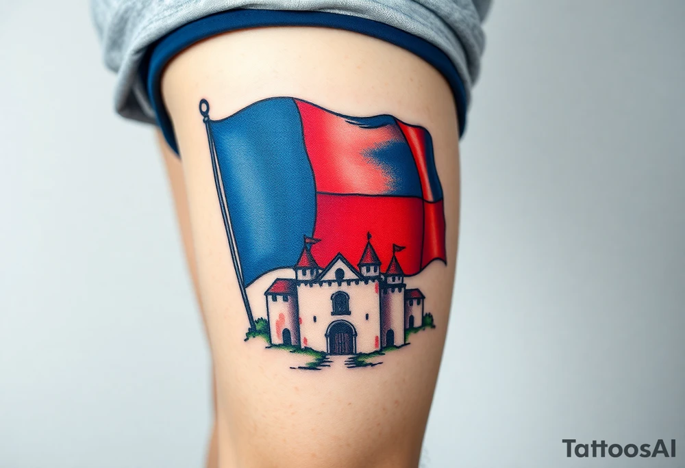 A Czech flag (blue, white up, red down) waving behind a medieval castle tattoo idea