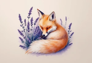 A fox curled up beneath a lavender bush, with warm orange tones contrasting the cool purple hues. tattoo idea