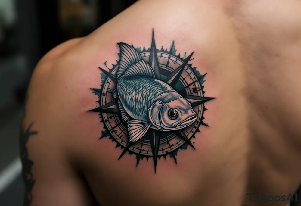 Catfish and Compass – A swimming catfish with muted ocean colors (deep blue, gray-green) circling a compass rose, symbolizing direction, exploration, and returning home. tattoo idea