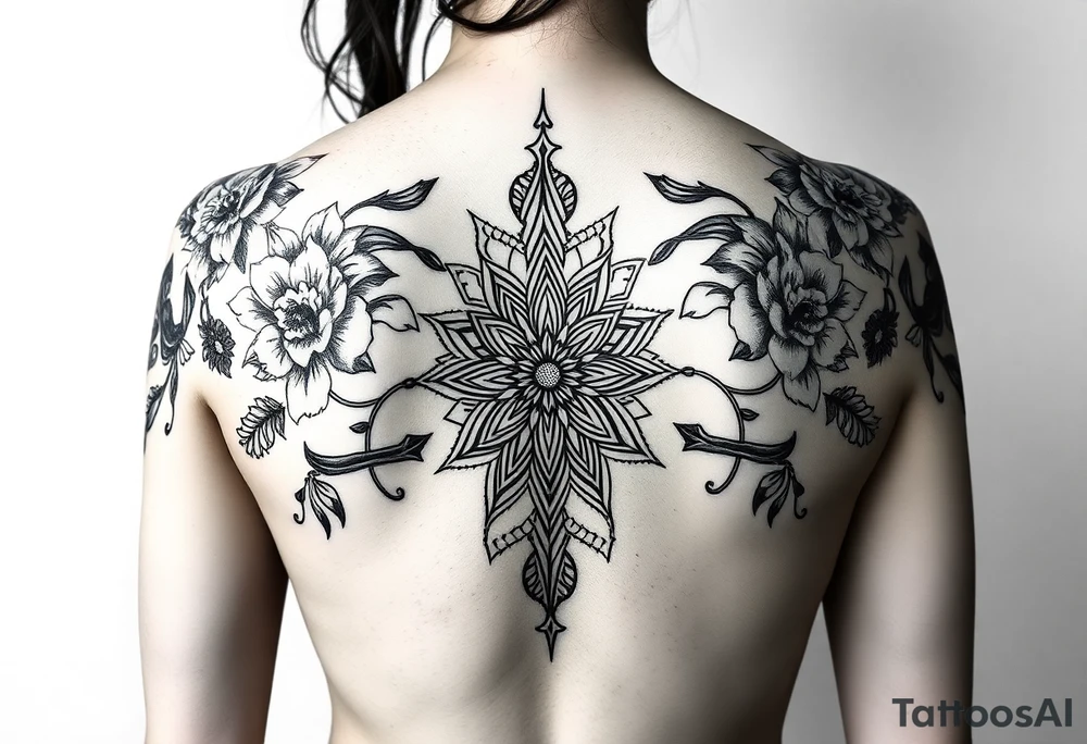 Feminine, full back tattoo, with matching florals on the shoulders, with an hourglass in the middle and Mendala lines curving up the back tattoo idea