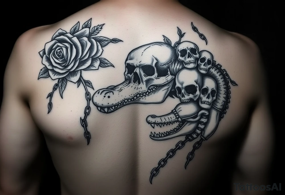 gothic fairy tale vibe we talked about: dark, thorny roses, skulls peeking through shadows, a bit of wild creature energy. Not perfect matches, but imagine tweaking 'em—rose from the eye, gator coiled like a guardian. This one's got that moody frame, vines creeping in—easy to swap in your Tudor rose and skull. Full-back chaos with skulls and chains... add the alligator jaws clamping down, and boom. tattoo idea