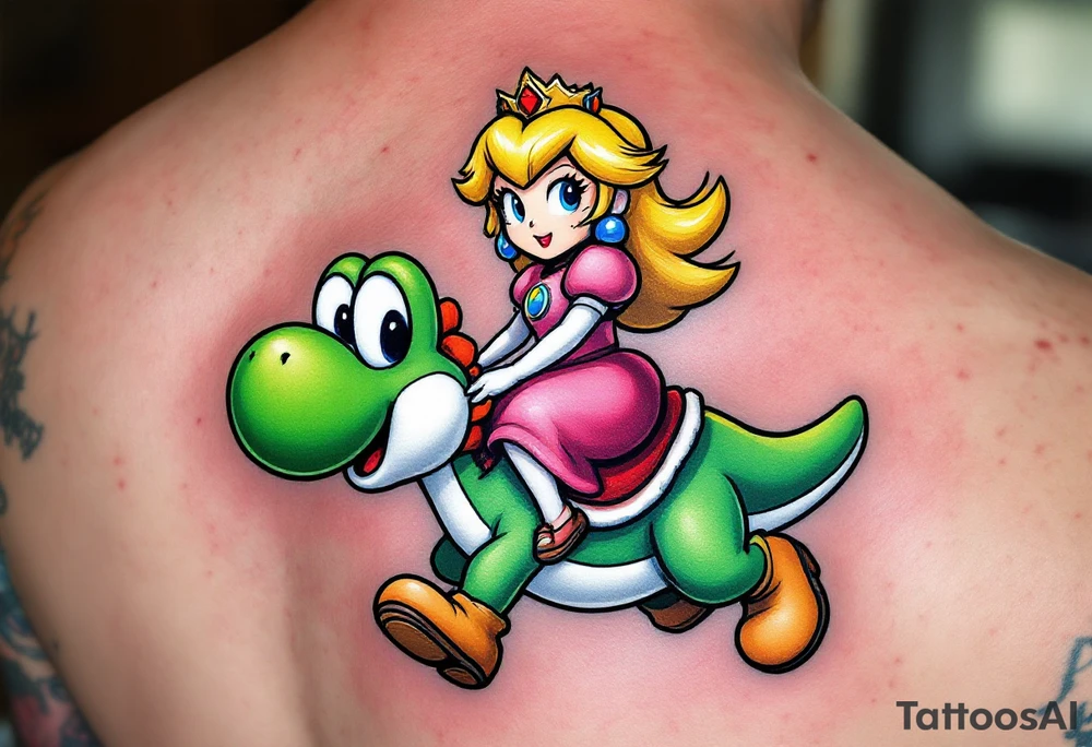 Princess Peach riding Yoshi from Mario Bros with vibrant colors. Make it more like the super Mario bros movie. Her dress should be poofier and covering her legs while he has red saddle with white trim. He should be walking upright. Make him look towards the camera with an open mouth smile tattoo idea