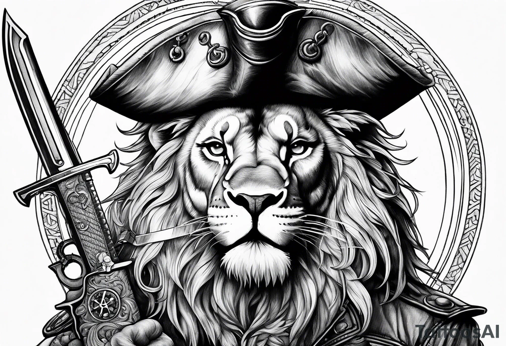 Pirate lion wearing jacket, sword and pistol, nautical steampunk theme tattoo idea
