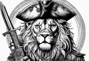 Pirate lion wearing jacket, sword and pistol, nautical steampunk theme tattoo idea